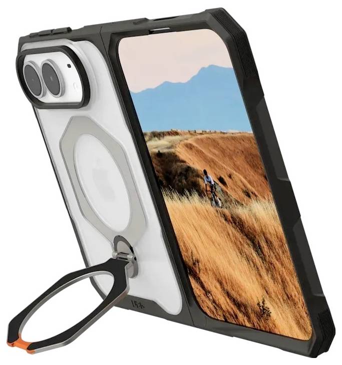 Transparentní pouzdro na telefon s vestavěným držákem ve formě prstenu a duálním výřezem pro fotoaparát, zobrazené na telefonu, který ukazuje krajinný obrázek.