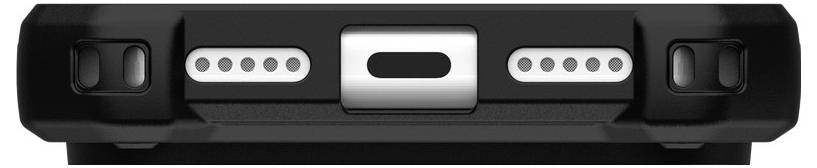 Zblízka pohled na hranu černého odolného zařízení se středovým stříbrným zámkem a čtyřmi malými indikačními světly na každé straně.