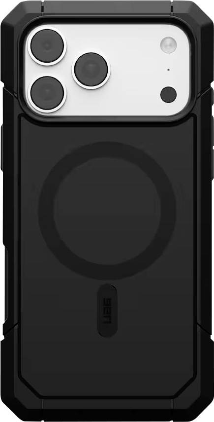 Robustní černý obal na telefon s magnetickým kruhem MagSafe a zvýšenou ochranou fotoaparátu, zobrazeno zezadu.
