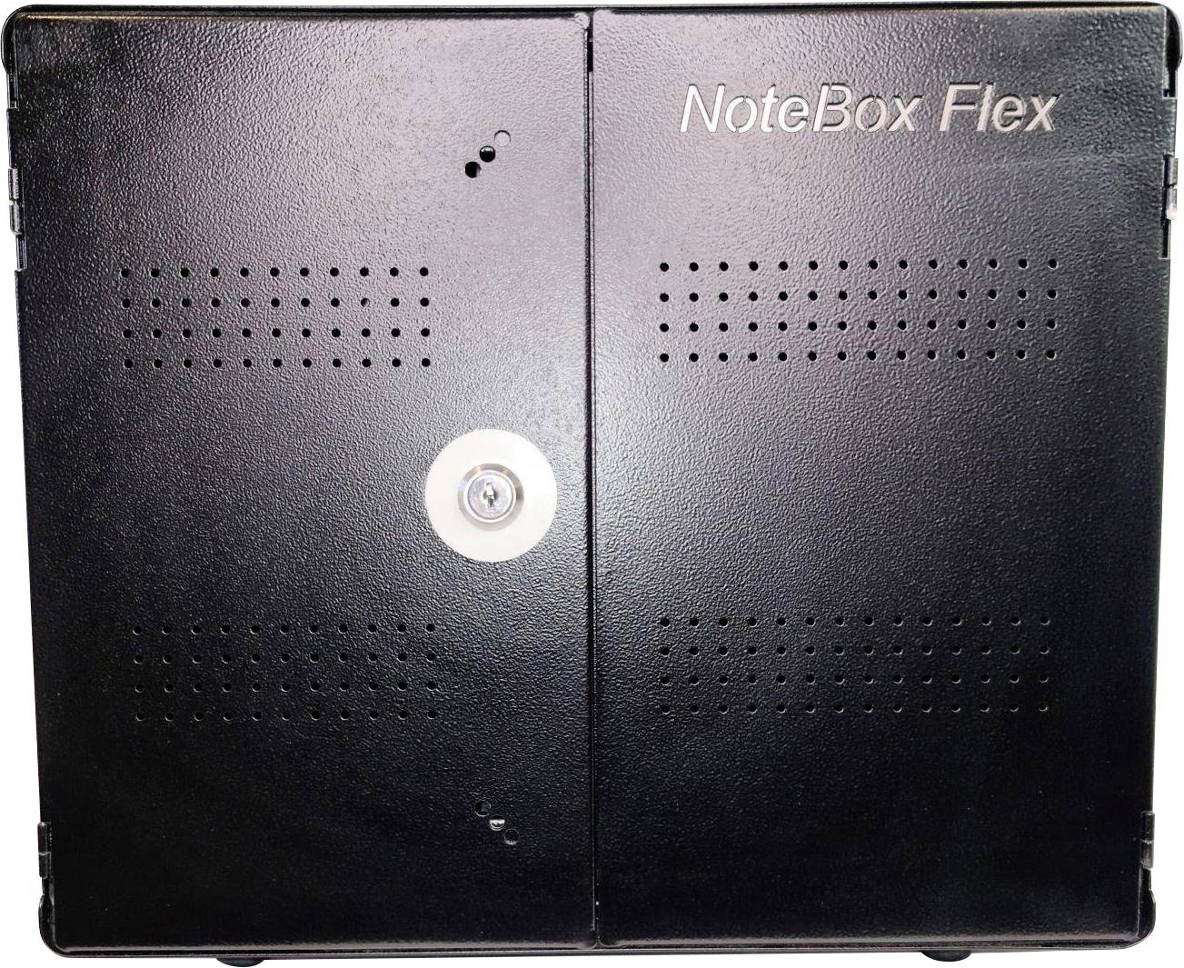 Černá skříňka NoteBox Flex s kovovým rámem, děrovanými panely a centrálním zámkem na levých dveřích.