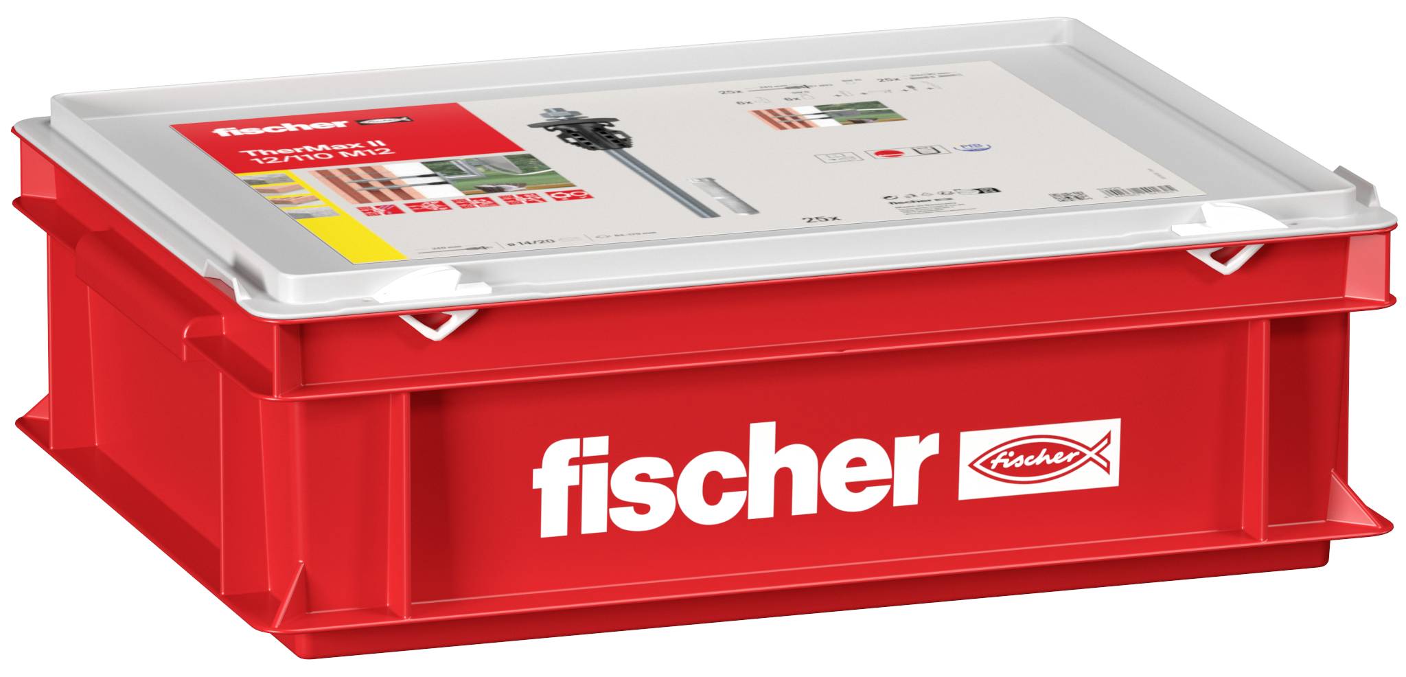 Červená plastová přepravka Red Fischer s bílým víkem, označená nápisem 'fischer' na straně a horní části, zobrazená v úhledném pohledu produktu.