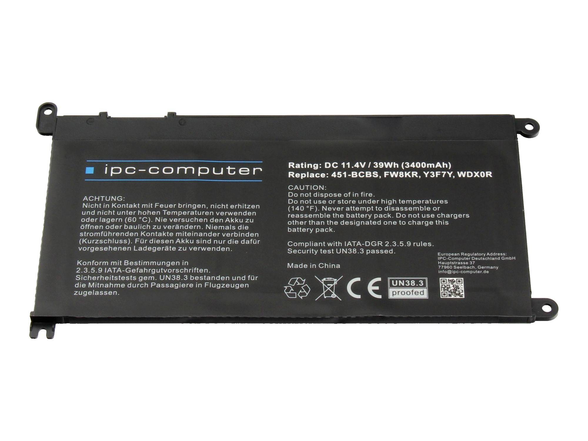 Černý přenosný počítač IPC bateriový balíček označený 11,4V 39Wh s varovným textem a certifikačním textem.