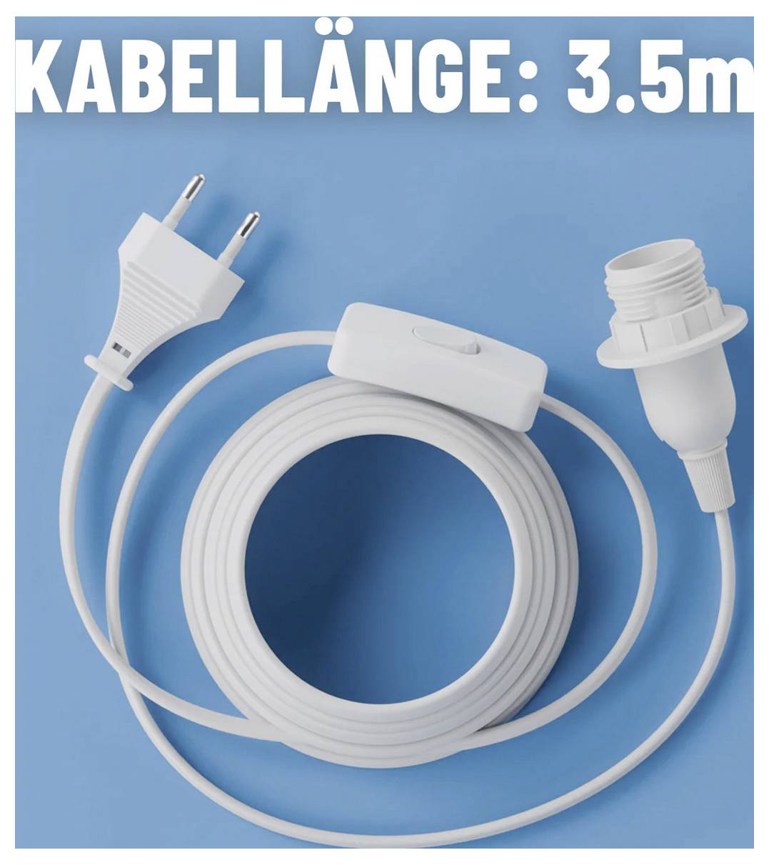 Bílý kabel lampy se zástrčkou, vestavěným vypínačem a patronem žárovky na modrém pozadí; text zní "DÉLKA KABELU: 3,5 m".