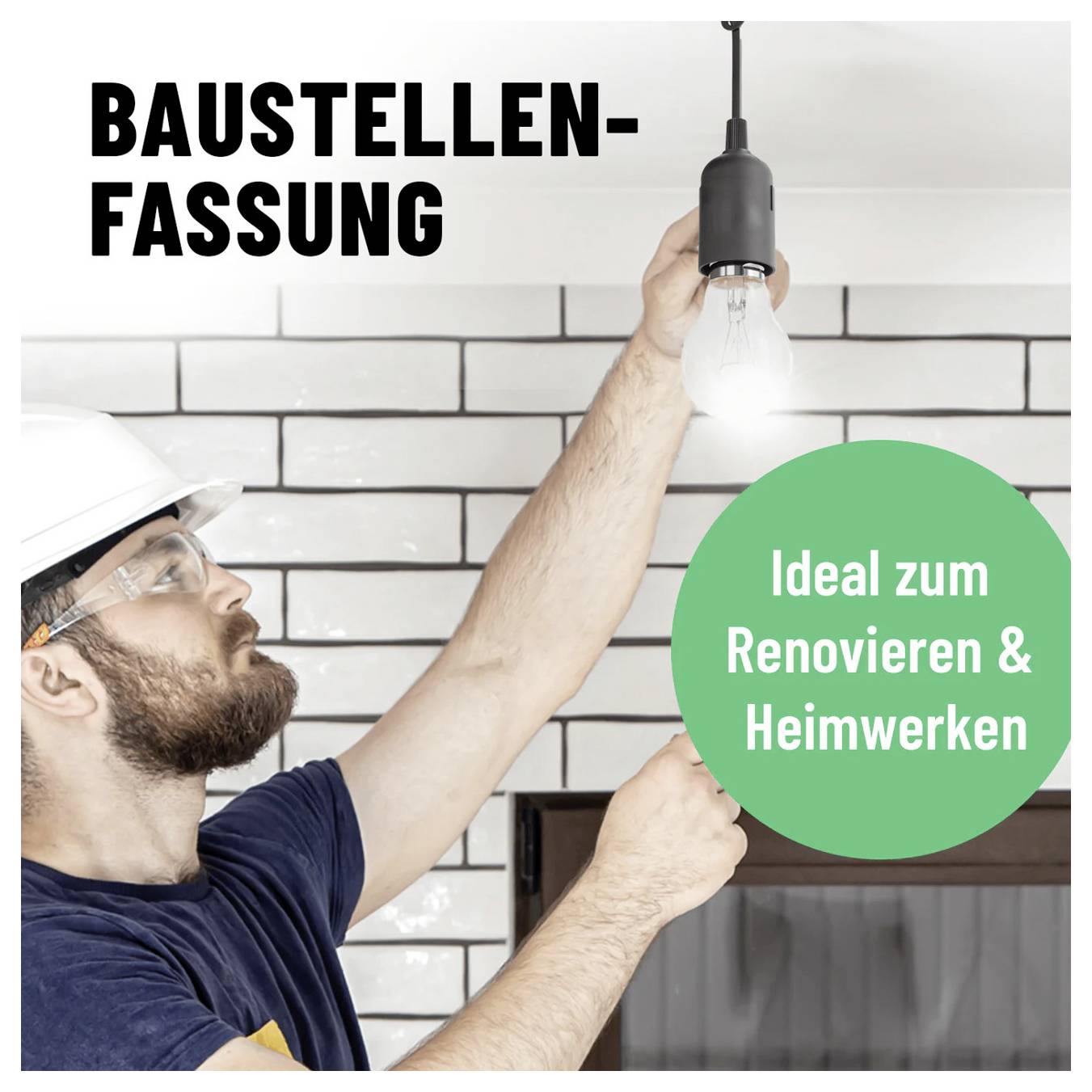 Pracovník v přilbě instaluje závěsnou žárovku; text říká 'STAVENIŠTĚ-PATICE' a 'Ideální pro renovaci & kutilství'.