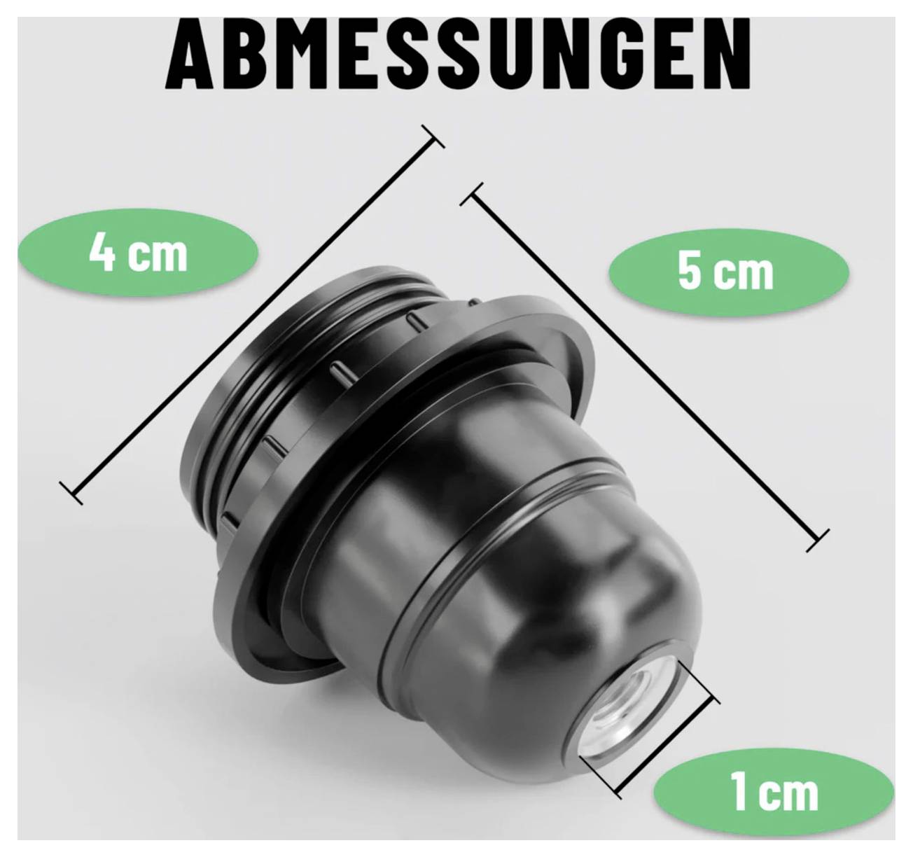 Diagram černého závitového spojovacího prvku označeného 'ABMESSUNGEN' s vyznačenými rozměry: 4 cm, 5 cm a 1 cm.