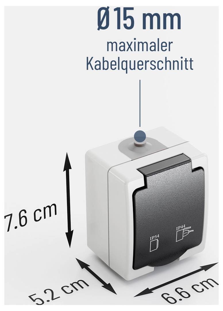 Rozměry krytky elektrické zásuvky jsou následující: maximální průřez kabelu 15 mm, výška 7,6 cm, hloubka 5,2 cm a šířka 6,6 cm.