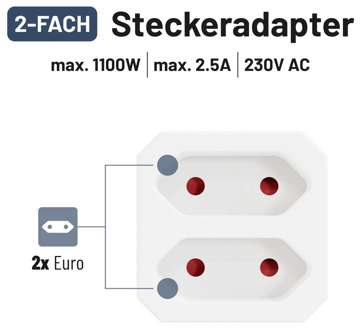 Adaptér dvojitého zásuvky s označením „2-FACH Steckadapter" se 2x eurozásuvkami, max. 1100W, max. 2,5A, 230V AC.