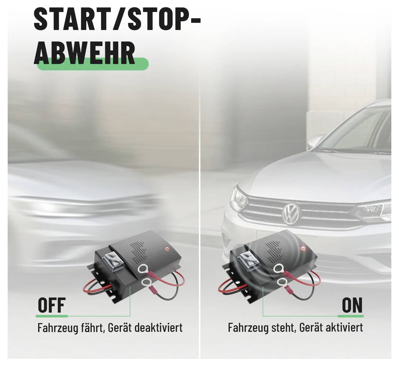 Schemazeichnung der Start-Stopp-Hilfe, die ein ausgeschaltetes Gerät zeigt, während sich das Auto bewegt, und ein eingeschaltetes Gerät, während das Auto stillsteht, mit den Beschriftungen "AUS" und "AN" sowie erläuterndem Text.