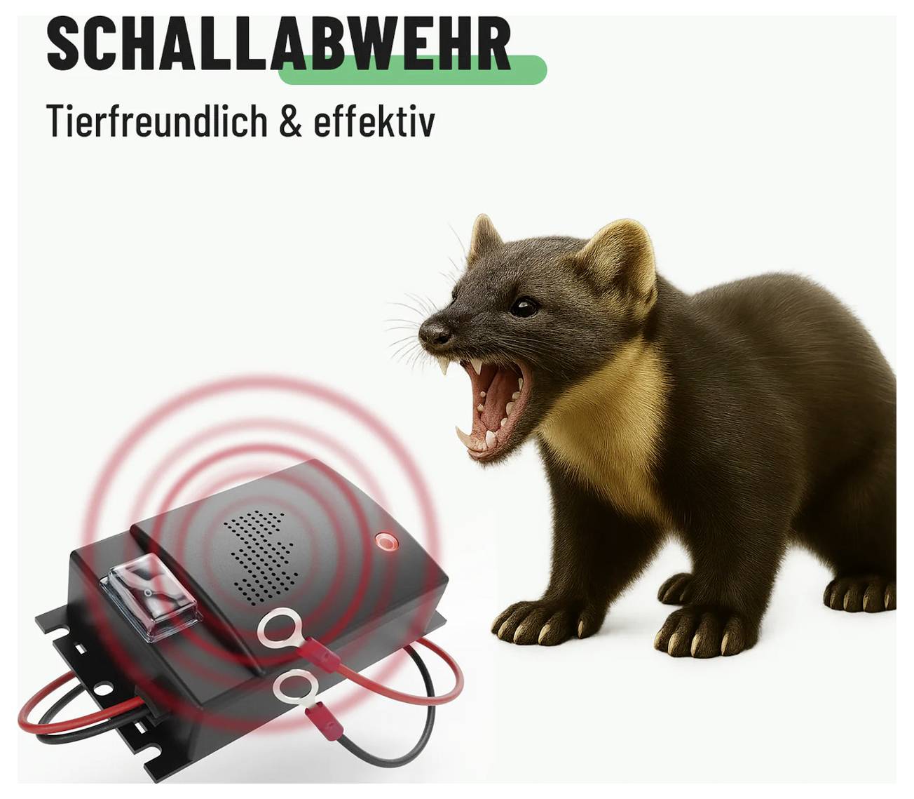 Propagační obrázek zvukového zařízení na odpuzování zvířat označeného 'SCHALLABWEHR' a 'Tierfreundlich & effektiv', s červenými zvukovými vlnami namířenými na syčícího kuny.