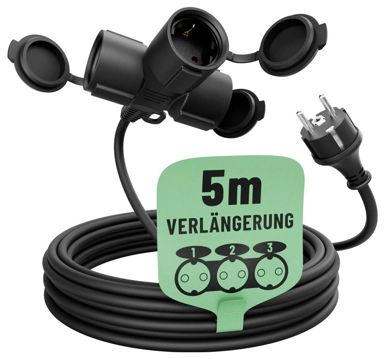 Černý venkovní prodlužovací kabel dlouhý 5 metrů se třemi zásuvkami a zástrčkou, označený '5m VERLÄNGERUNG' na zelené cedulce.