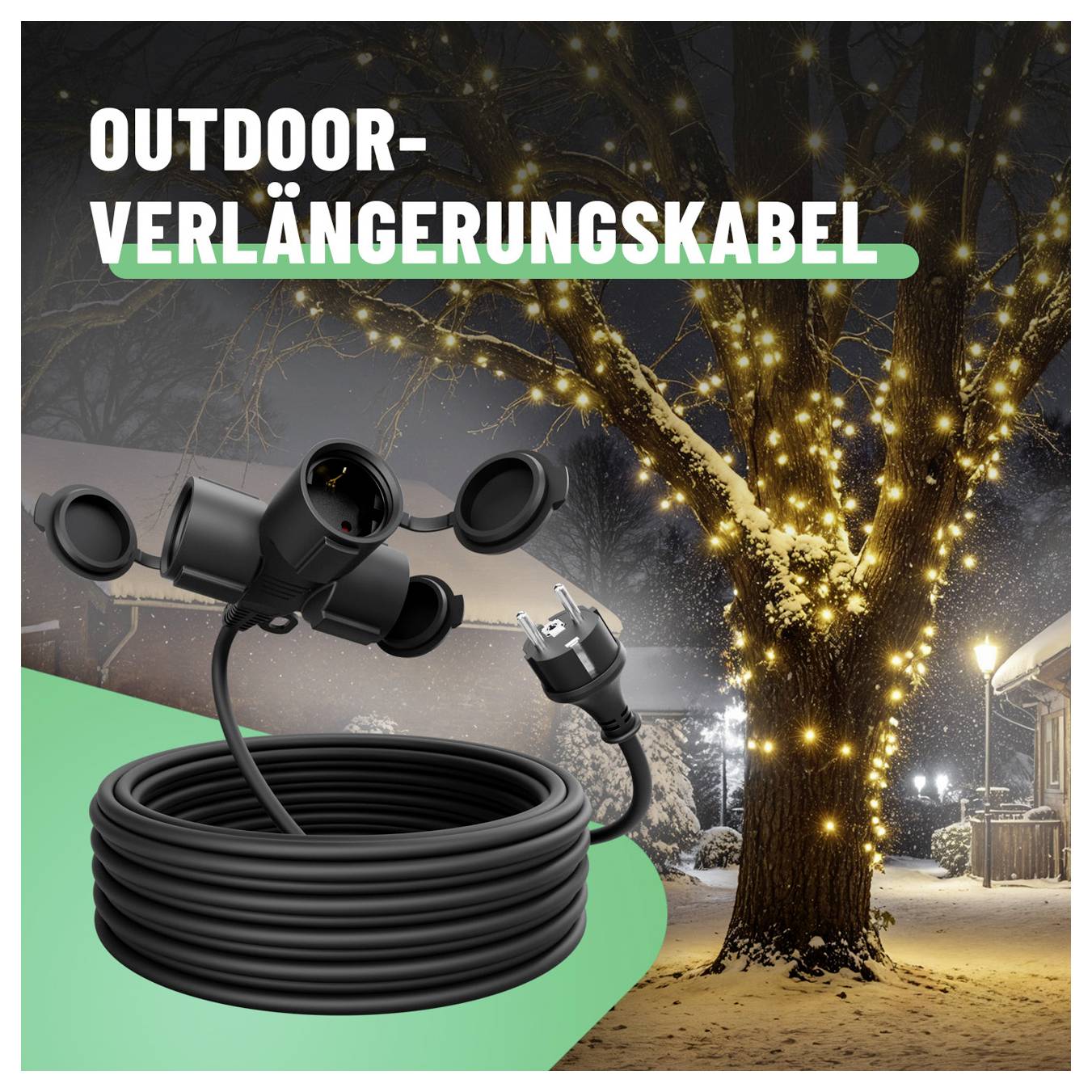 Prodloužovací kabel pro venkovní použití se třemi zásuvkami, zobrazený na cívce před zavedeným stromem v noci; německý text zní „OUTDOOR-VERLÄNGERUNGSKABEL".
