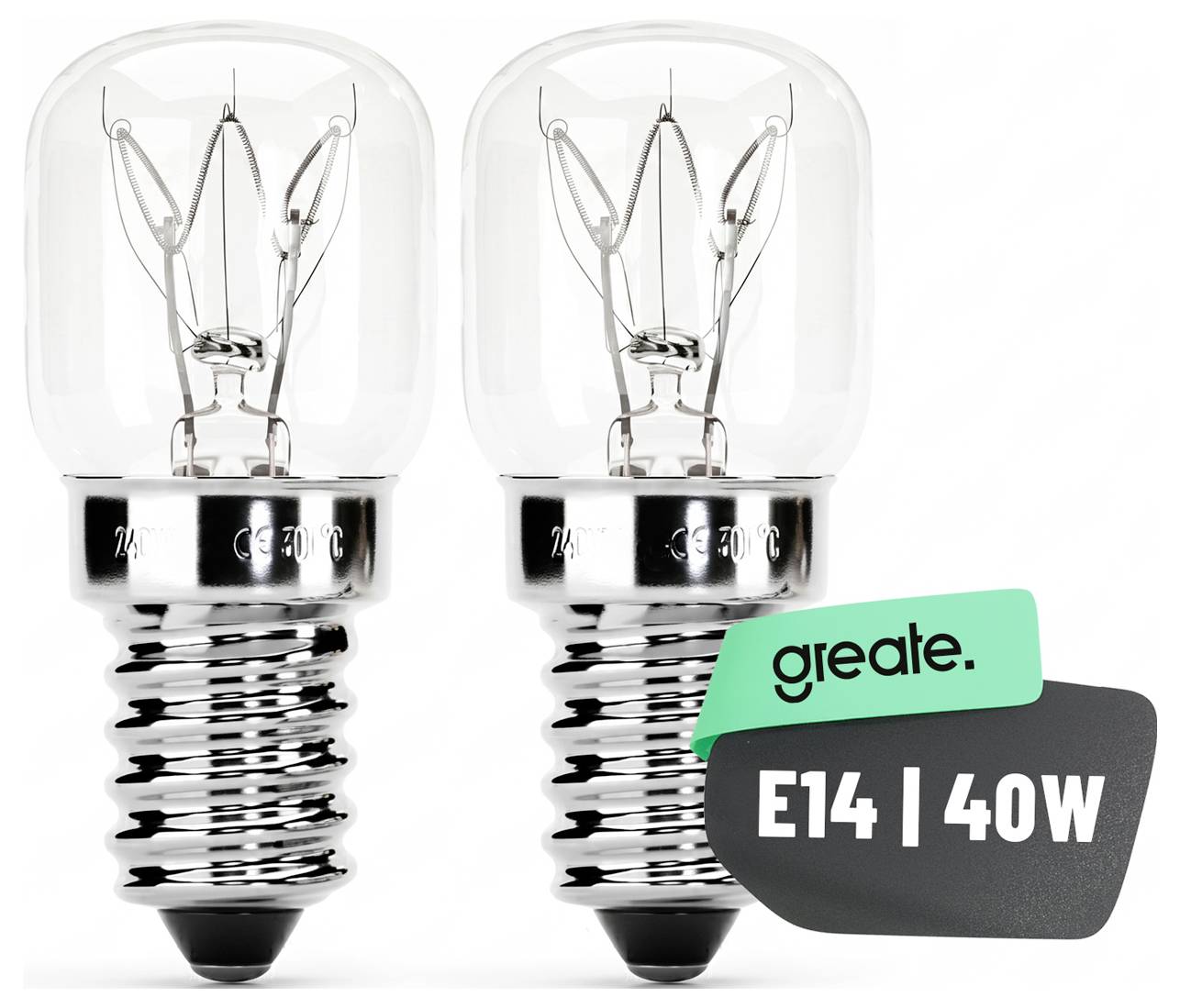 Dvě čiré žárovky s nálepkou s textem „create. E14 | 40W", což označuje produkt žárovky E14 40 wattů.