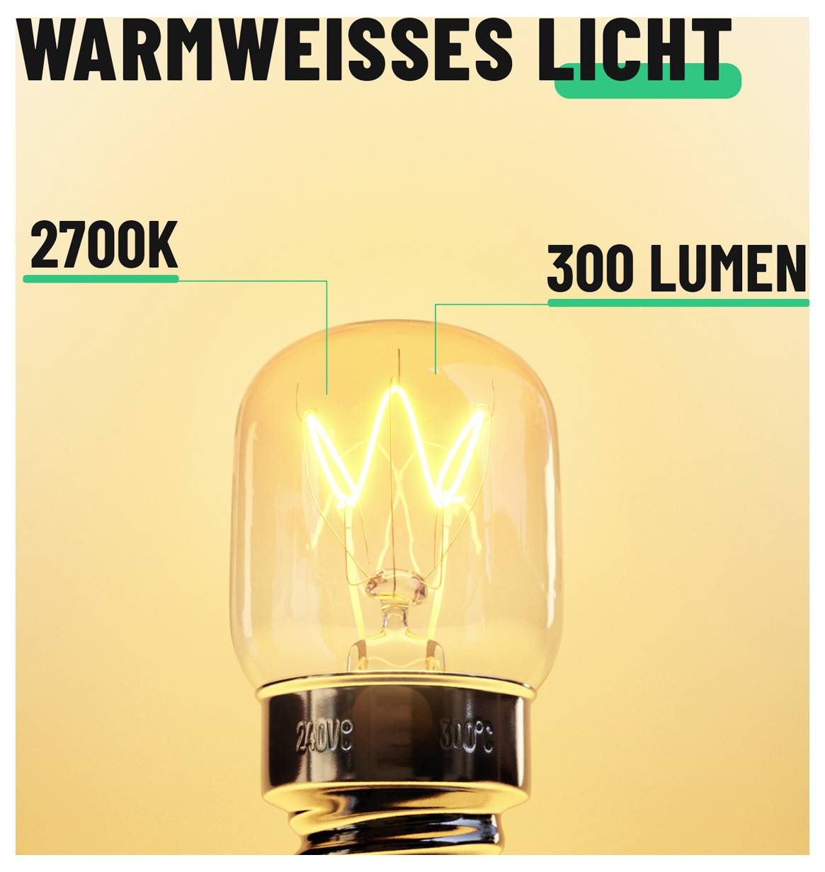 Infografika teplé bílé žárovky označené „BÍLÉ SVĚTLO", „2700K" a „300 LUMEN", zobrazující zářící žárovku na teplém žlutém pozadí.
