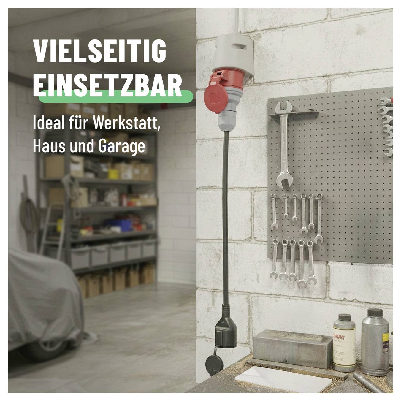 Inzerát znázorňující dlouhý nástroj s dlouhou rukojetí namontovaný v dílně, s textem „VŠESTRANNĚ POUŽITELNÝ" a „Ideální pro dílnu, dům a garáž".