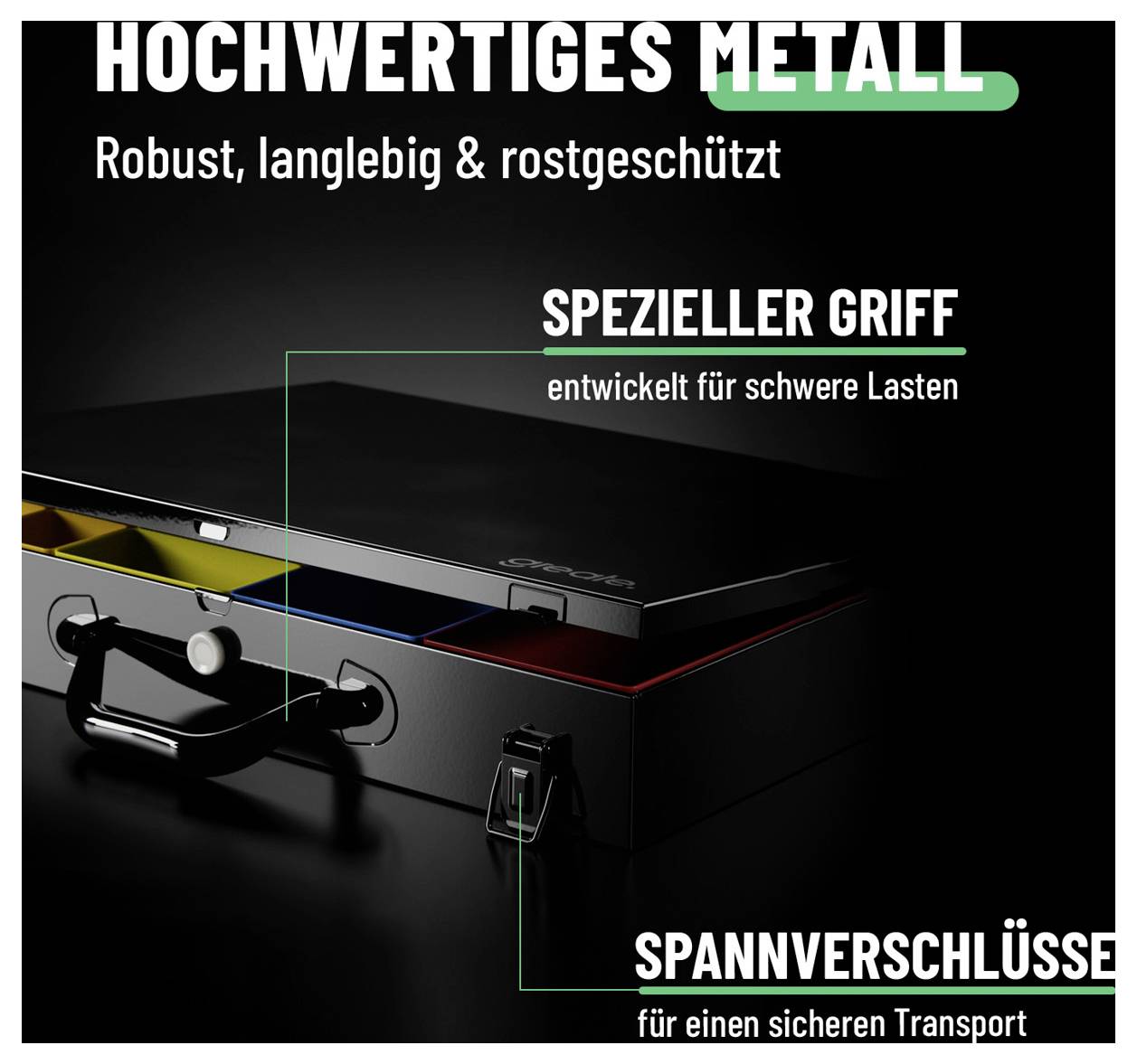 Černý kovový kufr se speciální rukojetí a zámkovacími spony, označený "Hochwertiges Metall", "Spezieller Griff" a "Spannverschlüsse" pro bezpečnou přepravu.