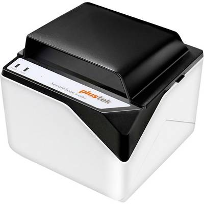Plustek SecureScan skener dokumentů s černým víkem a bílou základnou, zobrazený v produktovém stylu na bílém pozadí.