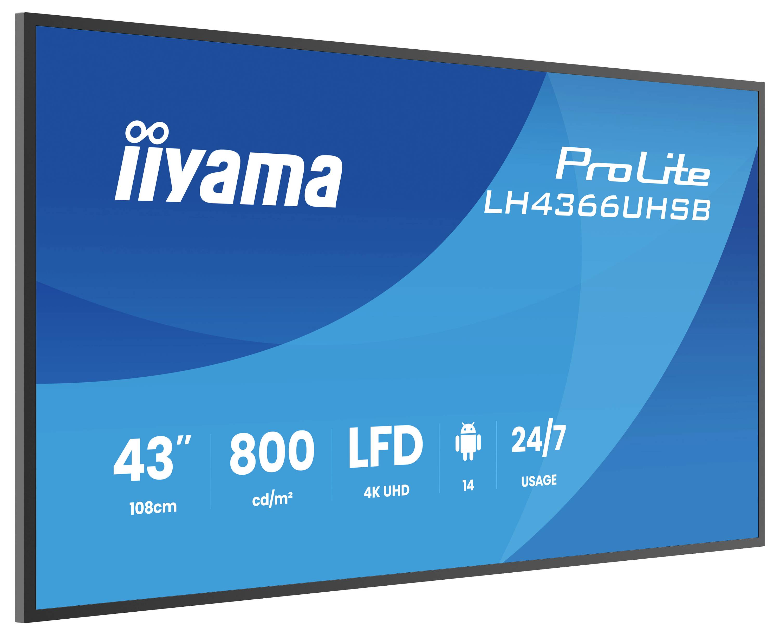 Produktový obrázek displeje iiyama ProLite LH436UHSB o velikosti 43 palců s rozlišením 4K UHD, který vykazuje jasnost 800 cd/m², operační systém Android 14 a podporu provozu 24/7.