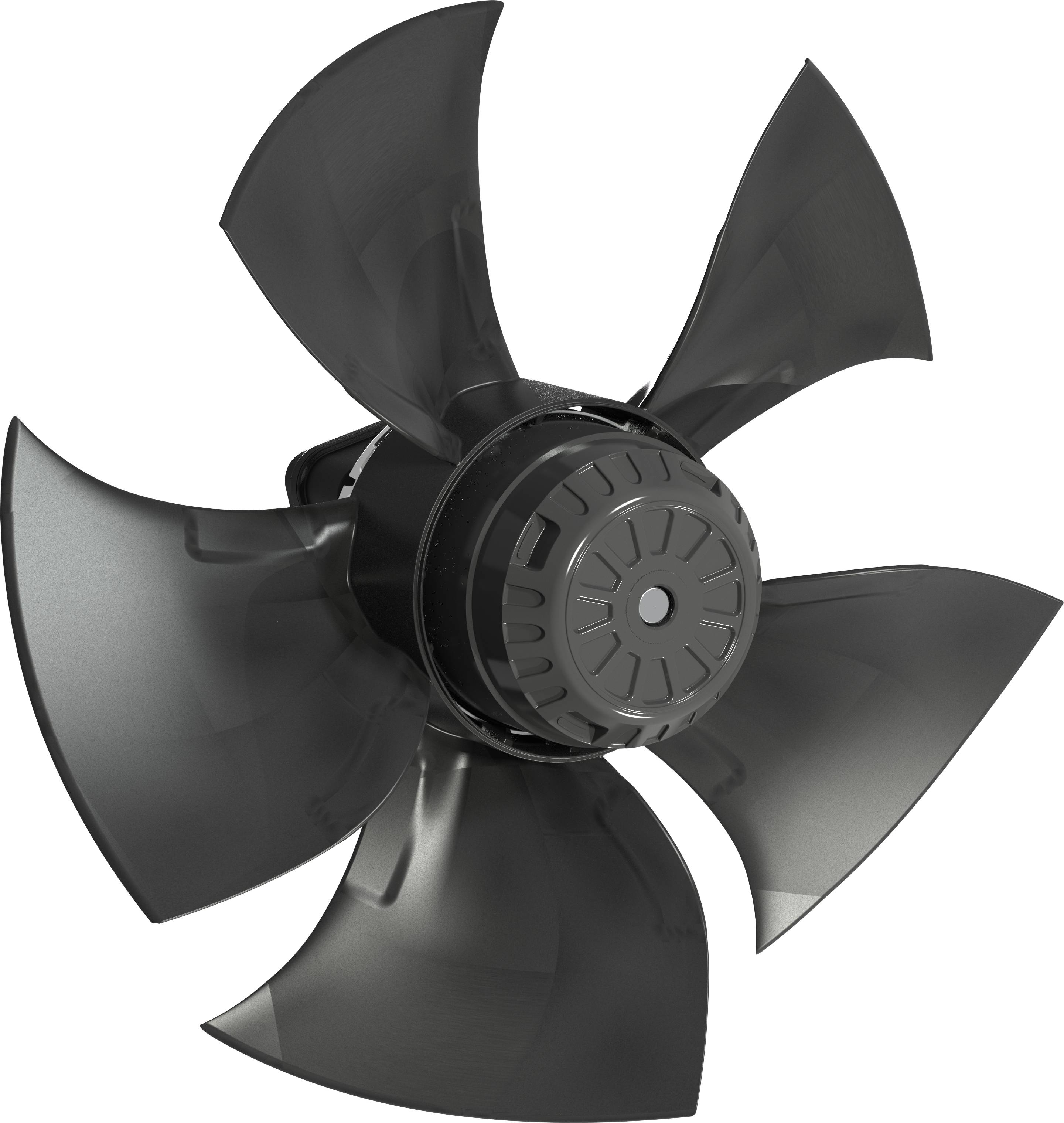 Černý průmyslový ventilátor s pěti lopatkami na bílém pozadí, zobrazený v detailním záběru.