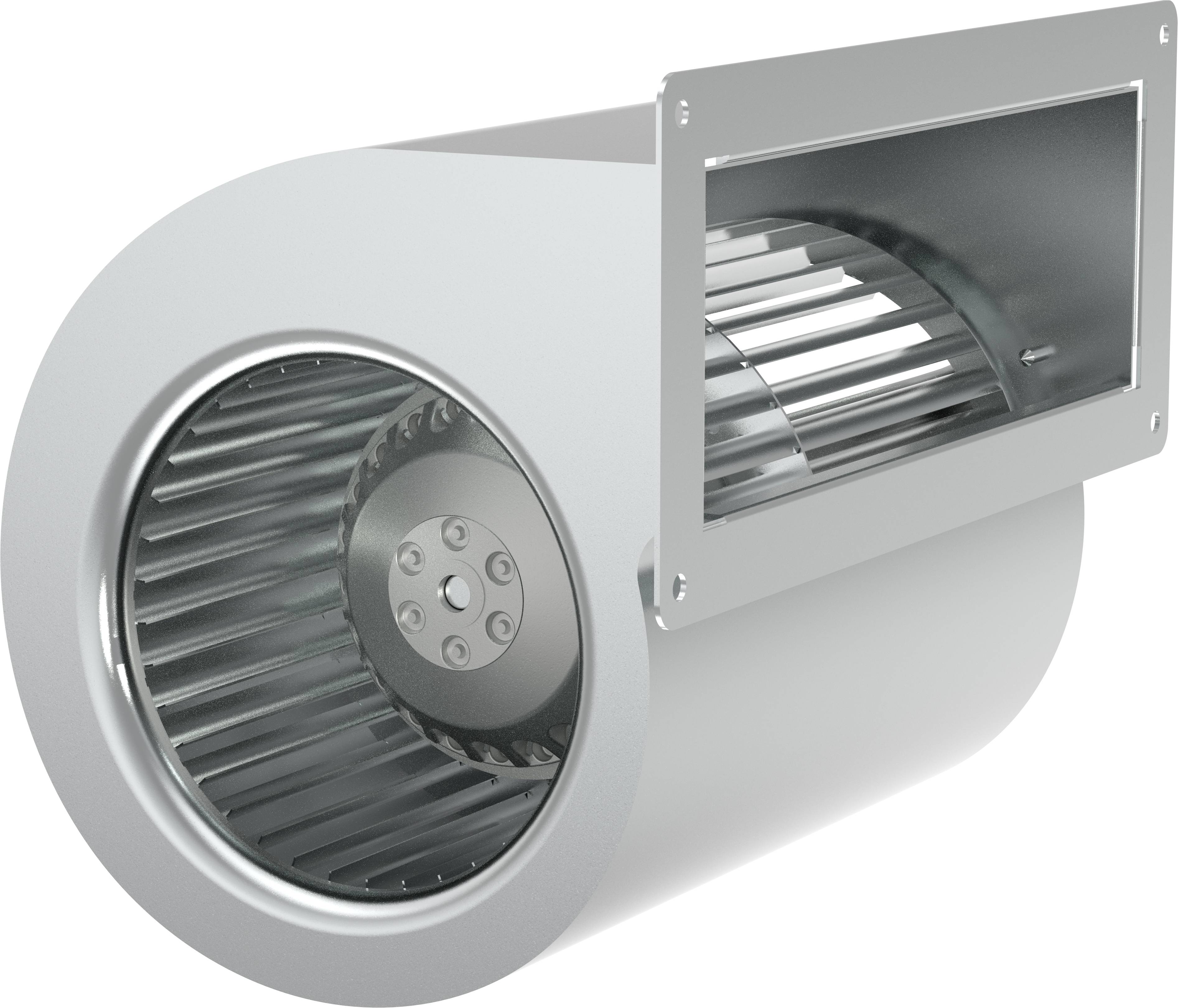 Kovový odstředivý ventilátor s kruhový přívodem a obdélníkovým výstupním krytem, zobrazený v bočním pohledu.