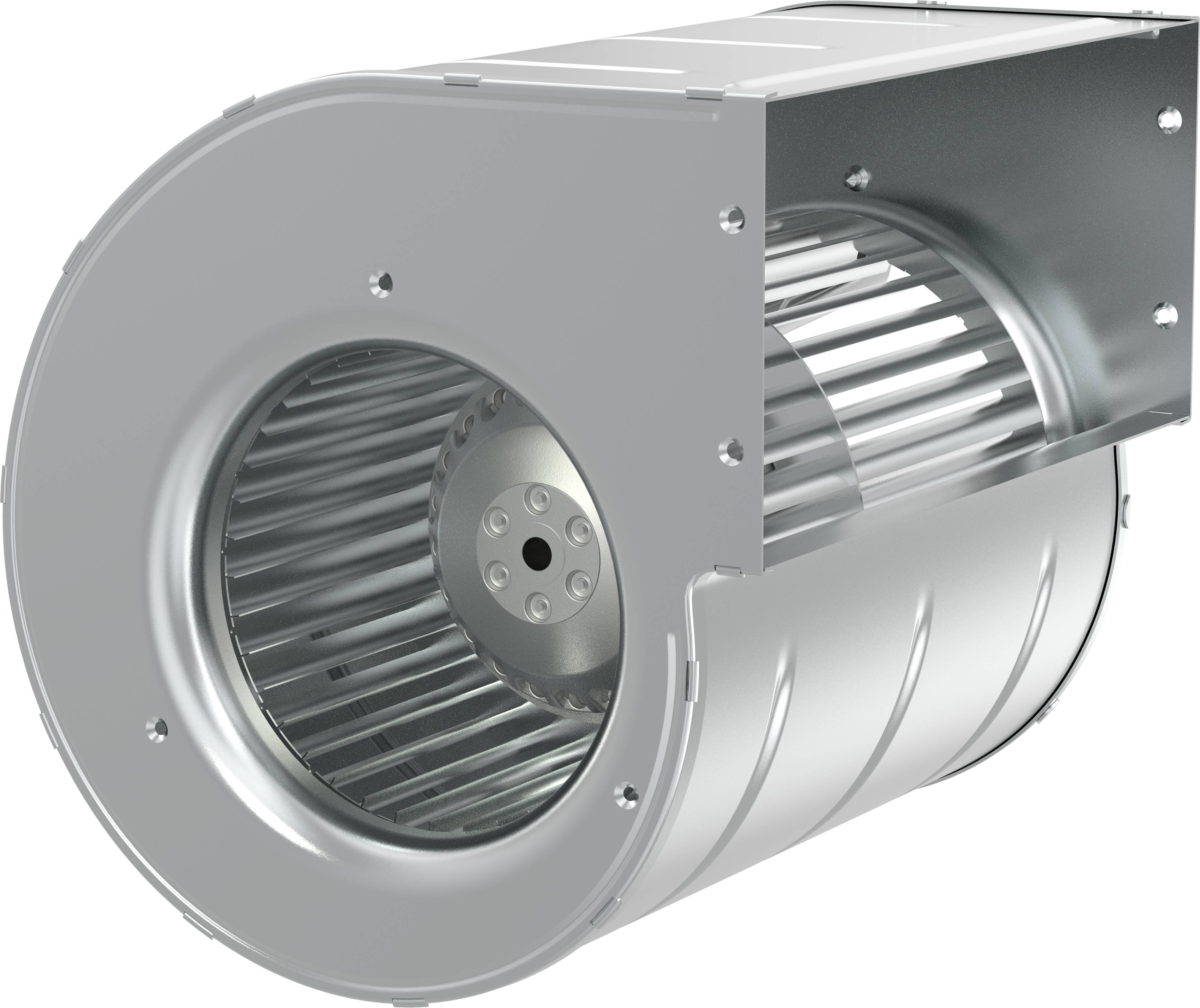 Kovový odstředivý ventilátor s viditelným oběžným kolem uvnitř stříbrného válcového pouzdra.