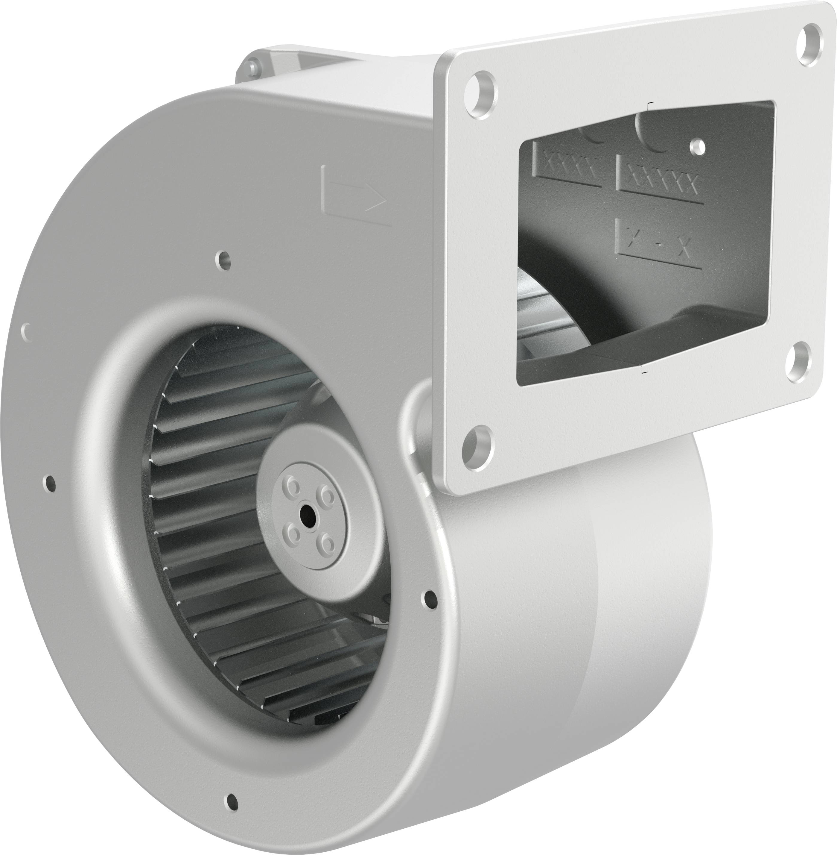 3D vykreslení kovového odstředivého ventilátoru s kruhlovým sacím otvorem a obdélníkovou výstupní přírubou, zobrazené v šedé barvě na bílém pozadí.