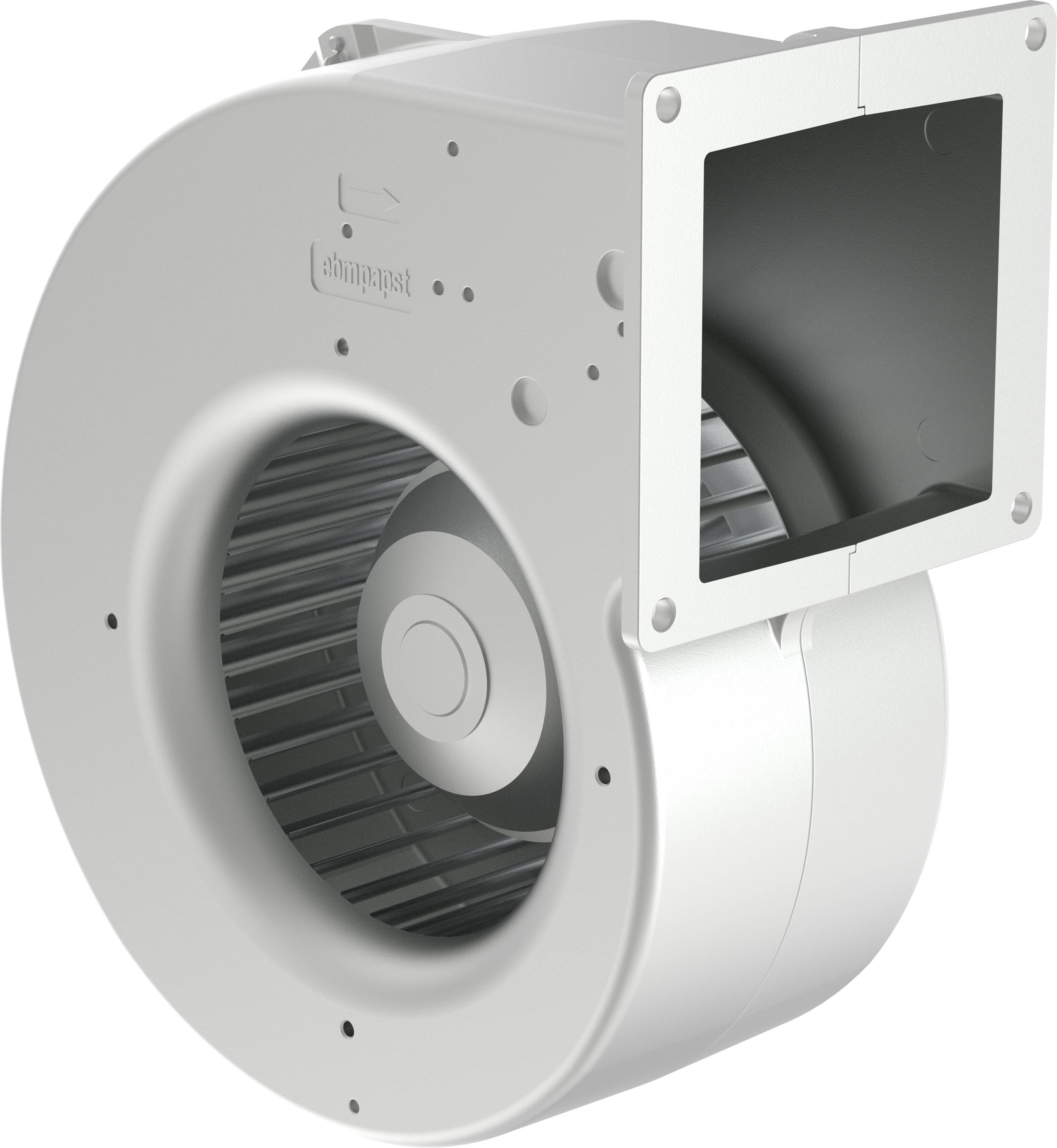 Stříbrný odstředivý ventilátor s čtvercovým výstupem a viditelným oběžným kolem, znázorněný na bílém pozadí.