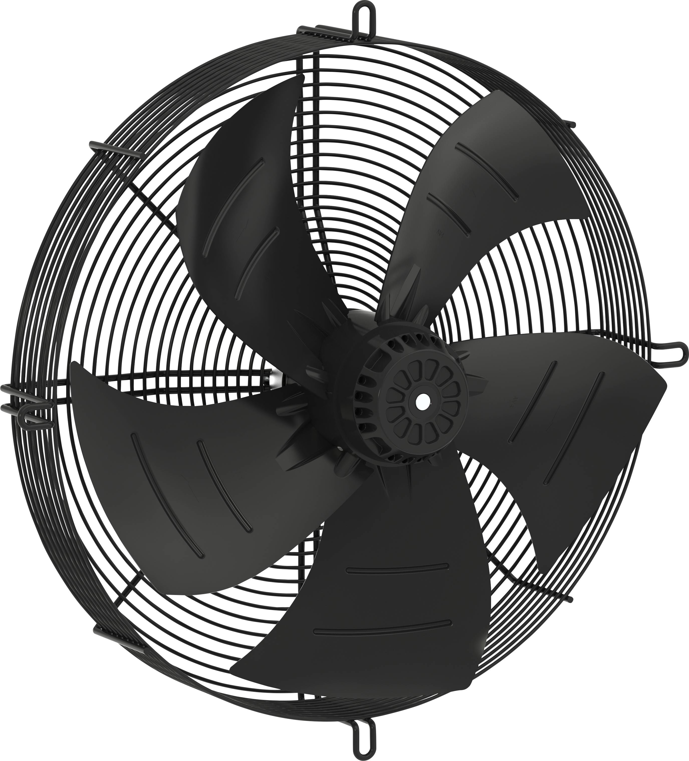 Černý průmyslový nástěnný ventilátor s pěti lopatkami uvnitř kruhové kovové bezpečnostní klece na bílém pozadí.