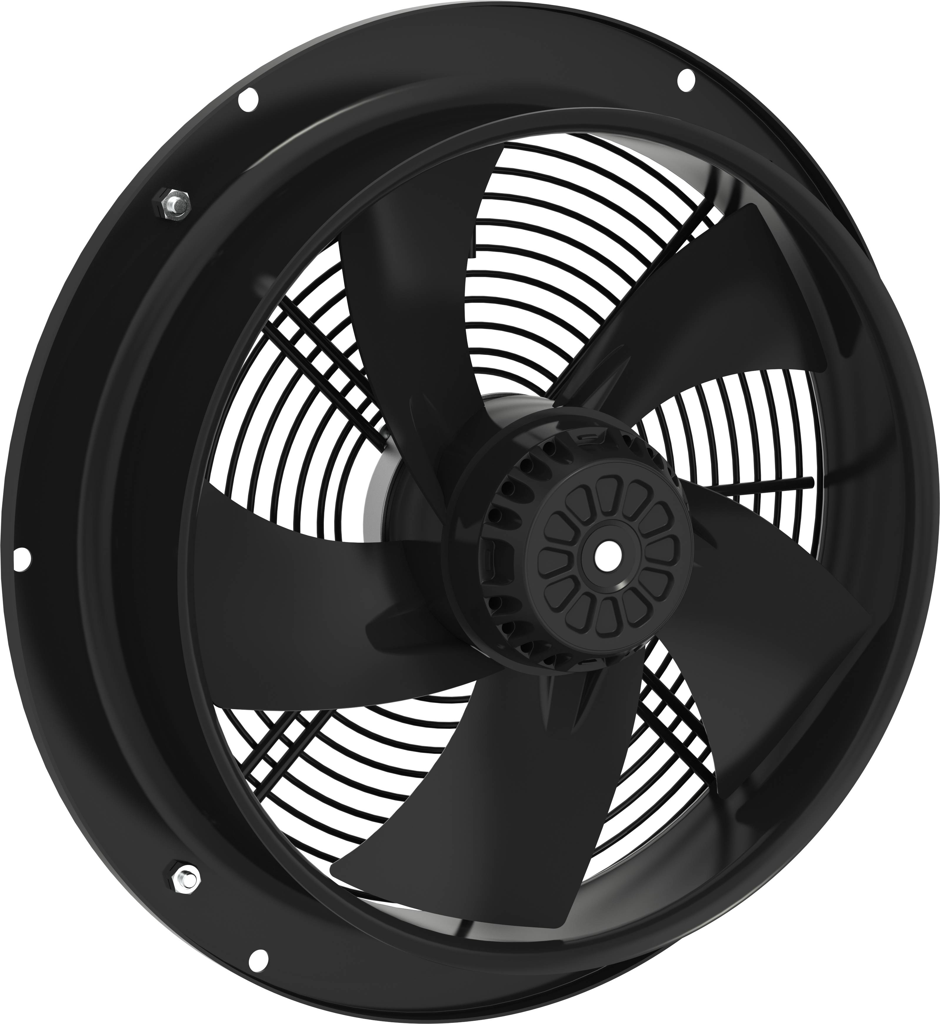 Černý průmyslový ventilační ventilátor s pěti lopatkami a ochrannou mříží, zobrazený zepředu na bílém pozadí.