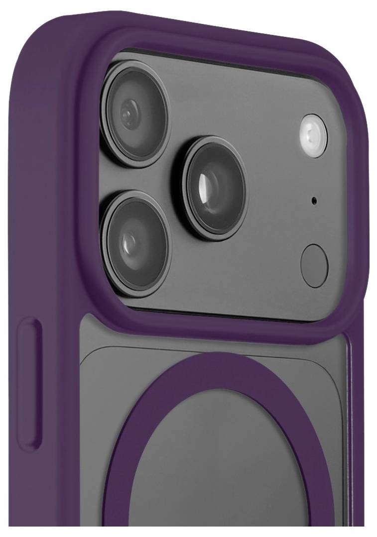 Detail snímku purpurového obalu na smartphone s vyvýšeným výřezem pro fotoaparát a viditelné tři zadní objektivy fotoaparátu.