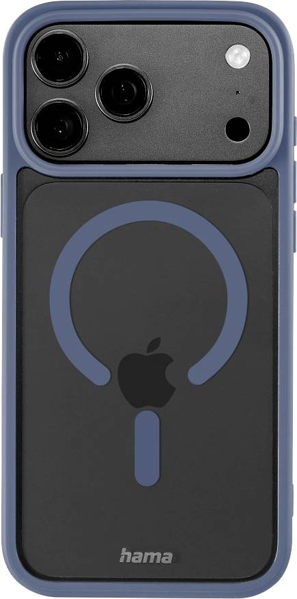 Zadní pohled na modrý obal na telefon ve stylu iPhonu s kroužkem na magnetické nabíjení a logem Hama, zobrazující výřezy fotoaparátu a bílý výřez tlačítka.