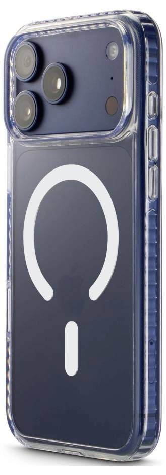 Transparentní pouzdro na telefon s vestavěným bílým MagSafe kroužkem a třemi výřezy na zadní fotoaparáty na chytrém telefonu s modrým okrajem.