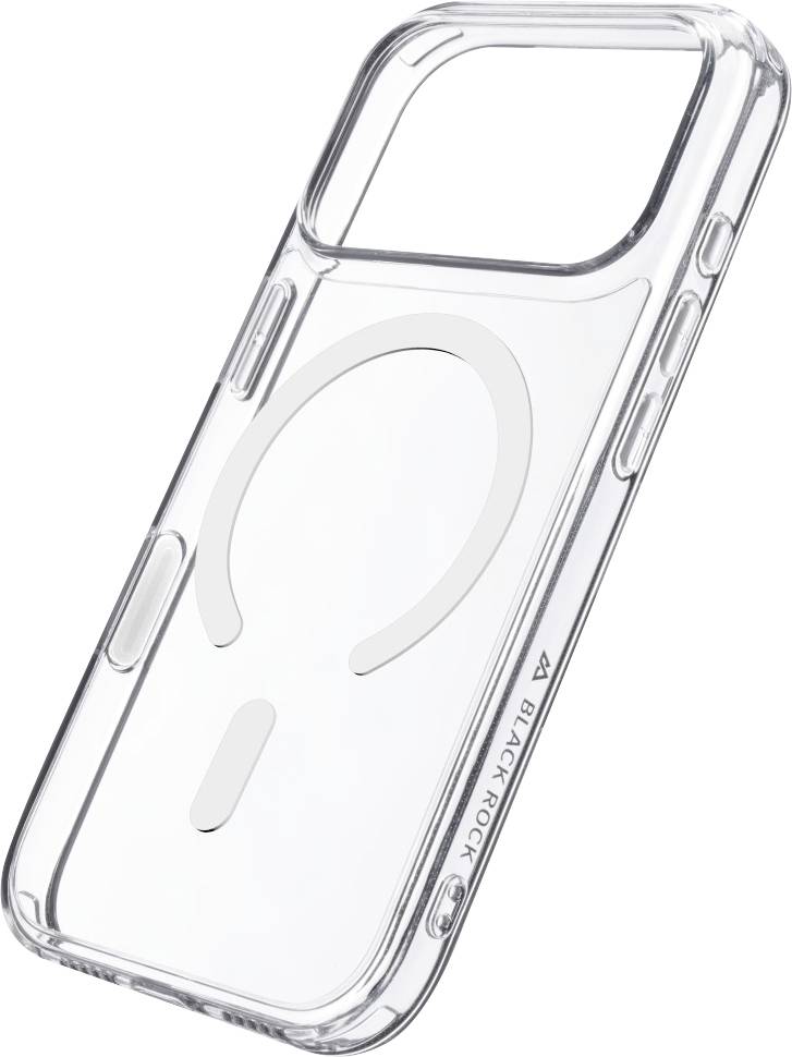 Čirý transparentní kryt telefonu s vestavěným kruhovým magnetickým prstencem ve stylu MagSafe a kryty bočních tlačítek, zobrazený na bílém pozadí.