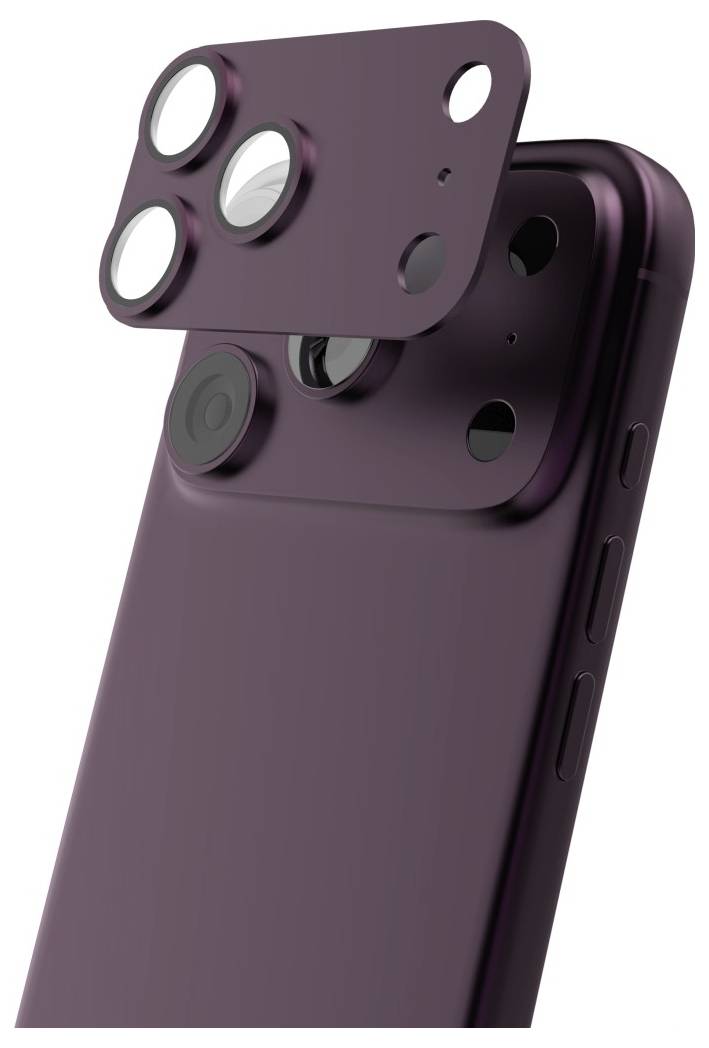 Fialový smartphone s posuvným krytem zadní kamery odhalujícím více otvorů čoček na zadní straně.