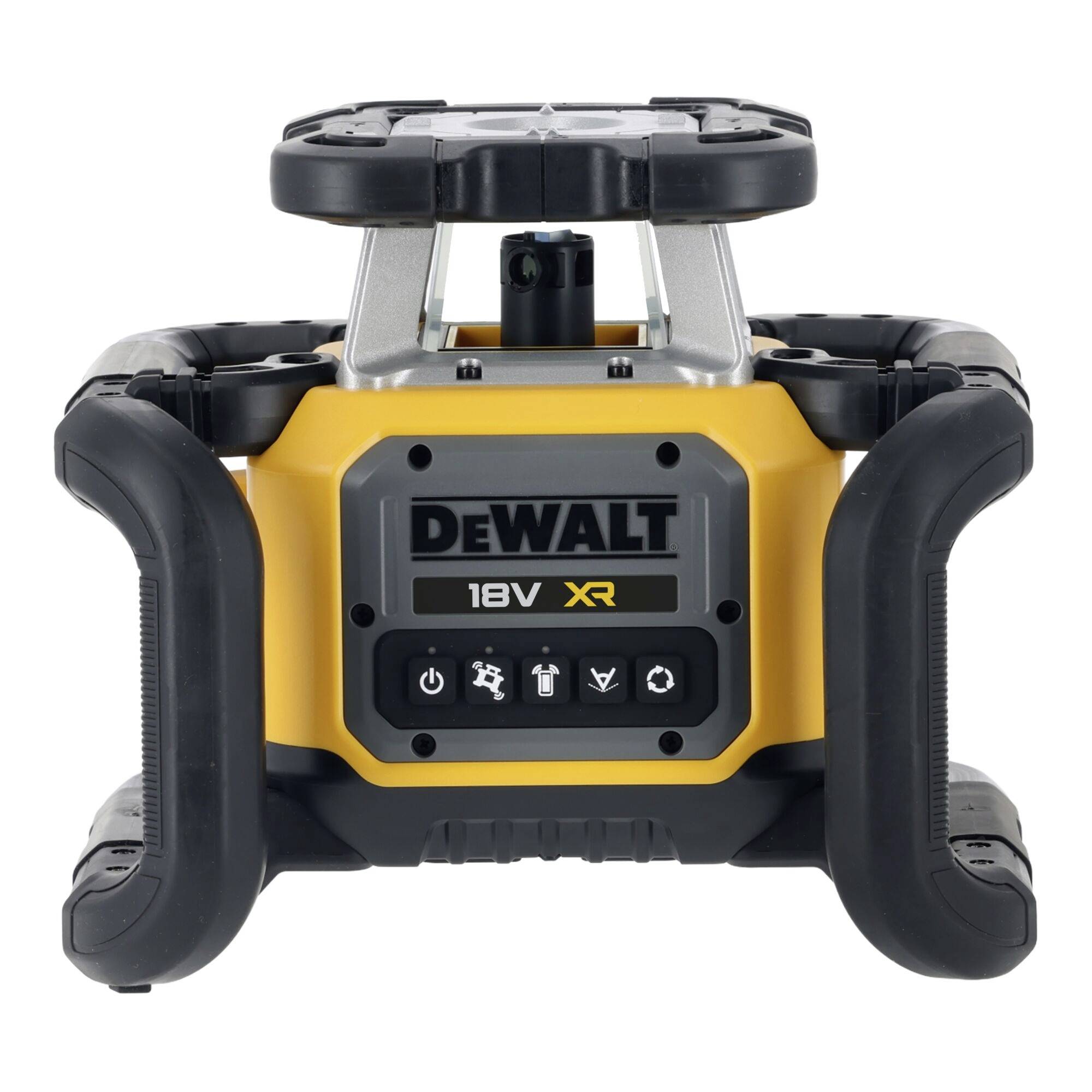 Reproduktor pracovního místa DEWALT 18V XR bez šňůry s odolným černě-žlutým pouzdrem a horní přenosným madlem, zobrazený zepředu na bílém pozadí.