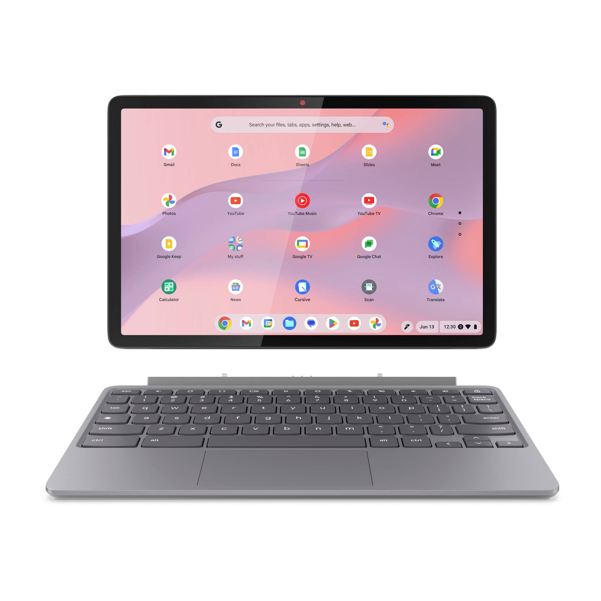 Tablet Chromebook s připojenou klávesnicí zobrazuje domovskou obrazovku Chrome OS s ikonami aplikací a vyhledávacím polem.