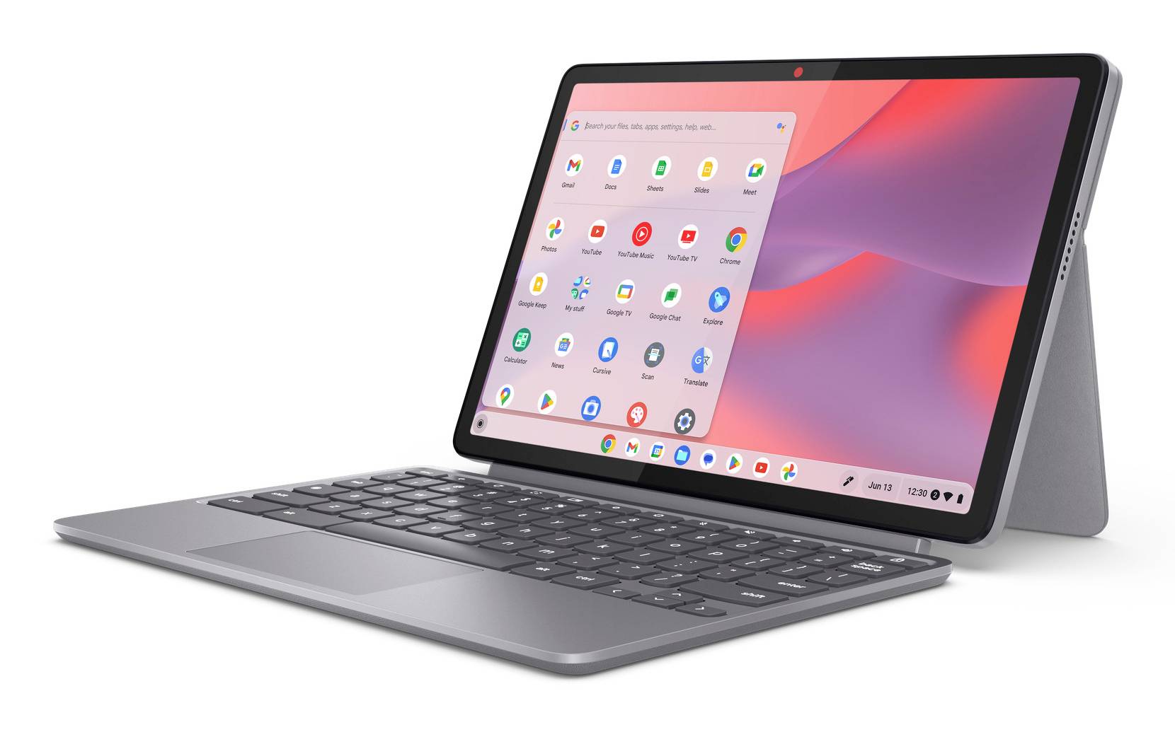 Tablet s Chrome OS a pouzdrem s klávesnicí zobrazený v režimu stan, na obrazovce je vidět spouštěč aplikací.