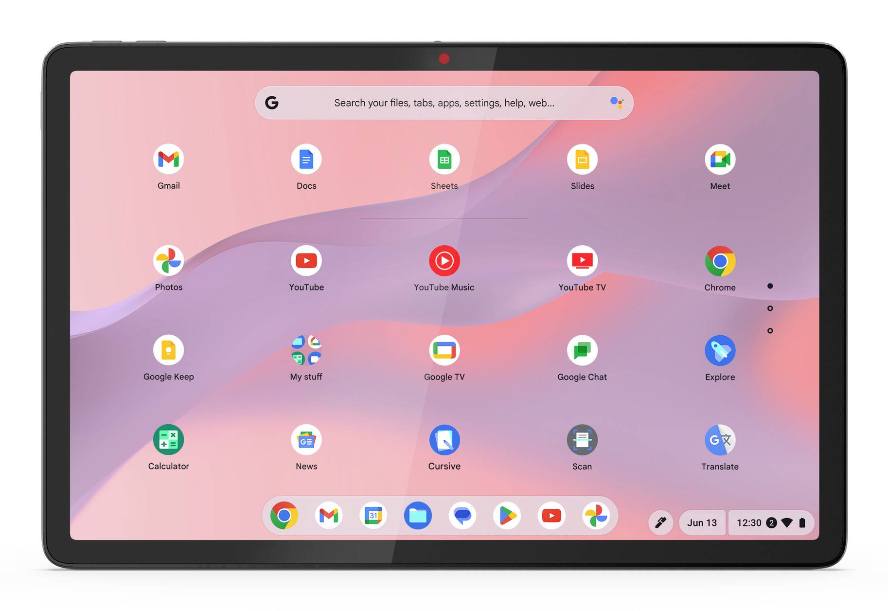 Domovská obrazovka tabletu s vyhledávacím panelem Google a ikonami aplikací, jako jsou Gmail, Docs, Sheets, YouTube, Chrome a Calendar na růžovo-fialové tapetě.