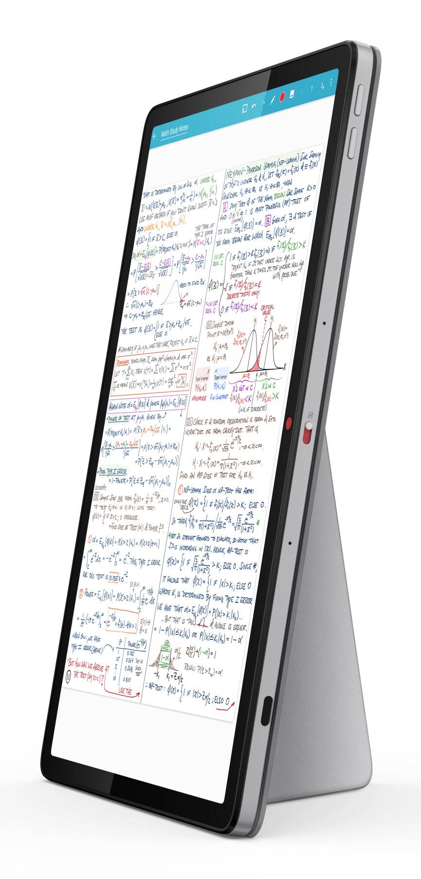 Tablet na stojanu zobrazuje ručně psaný studijní list s vícebarevnými poznámkami a diagramy na bílé obrazovce.