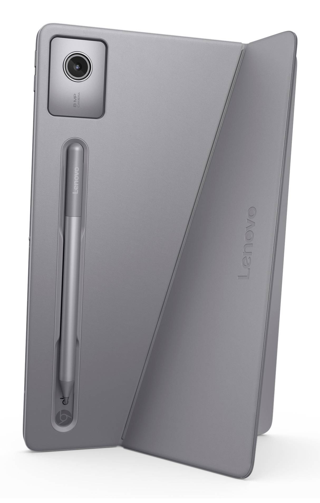 Šedý tablet Lenovo zobrazený zezadu se stylusem umístěným v zadní drážce a částečně otevřeným ochranným obalem.