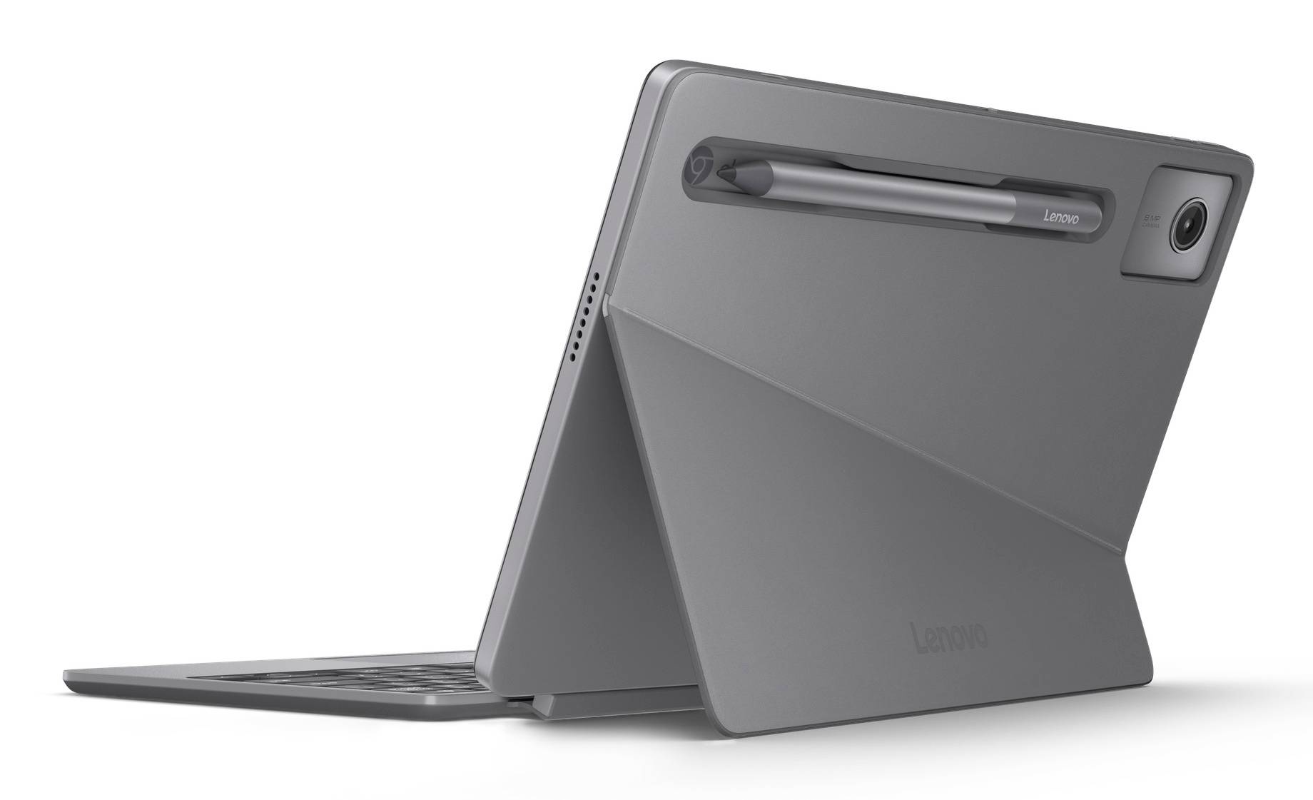 Šedý 2v1 laptop/tablet Lenovo zobrazený v režimu stojanu s klávesnicí složenou vzadu a stylusem umístěným na zadní straně.