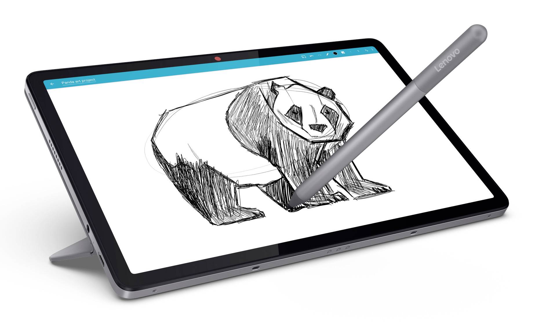 Displej tabletu se stylusem kreslícím skici pandy, zobrazující digitální ilustraci nebo psaní poznámek na dotykové zařízení Lenovo.