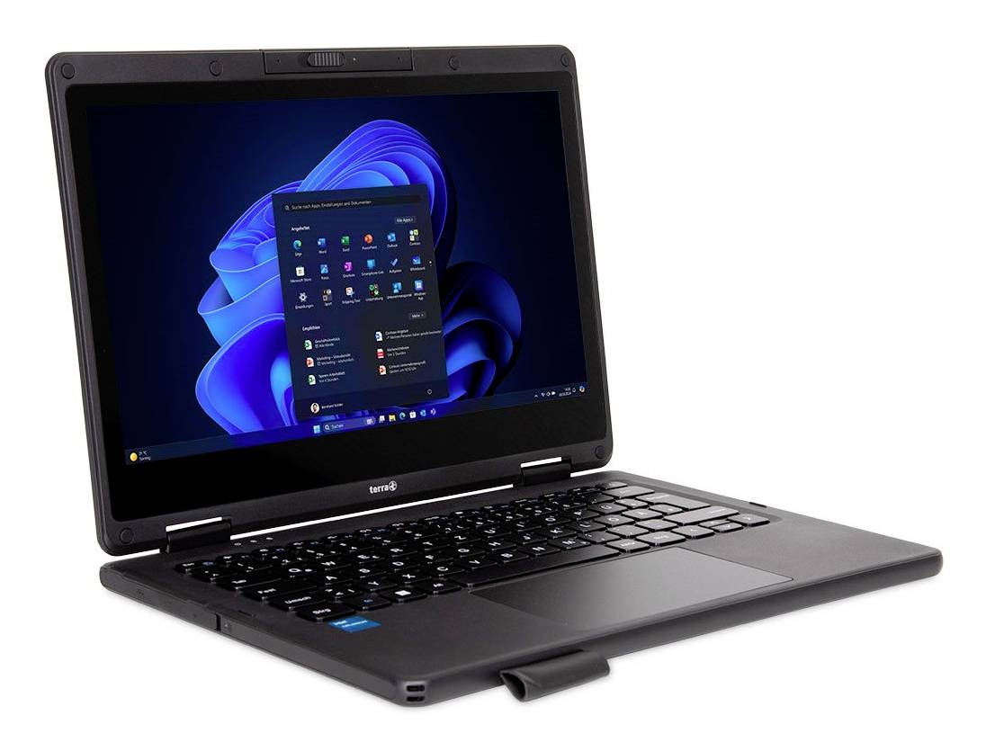 Černý notebook otevřený v úhlu s viditelnou plochou Windows 11 a nabídkou Start na obrazovce.