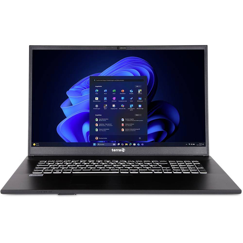 Laptop Black Terra otevřený se systémem Windows 11, na obrazovce je zobrazen desktop a nabídka Start.