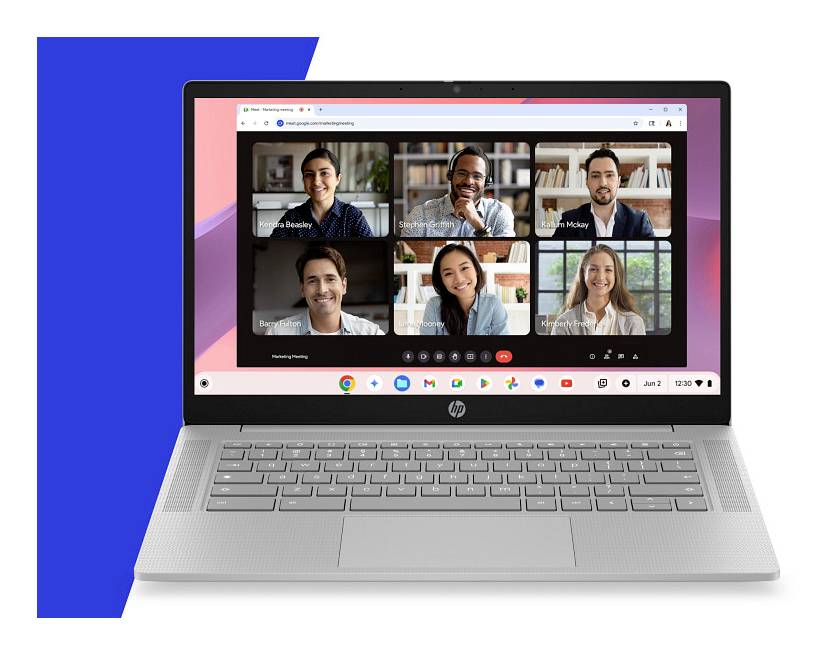 Přenosný počítač zobrazující videokonferenci se šesti účastníky v mřížce 2x3 na obrazovce setkání v prohlížeči.