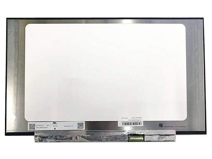 Náhradní LCD obrazovka s stříbrným kovovým rámem, bílou zobrazovací plochou a malými čárovými kódy podél spodního okraje.