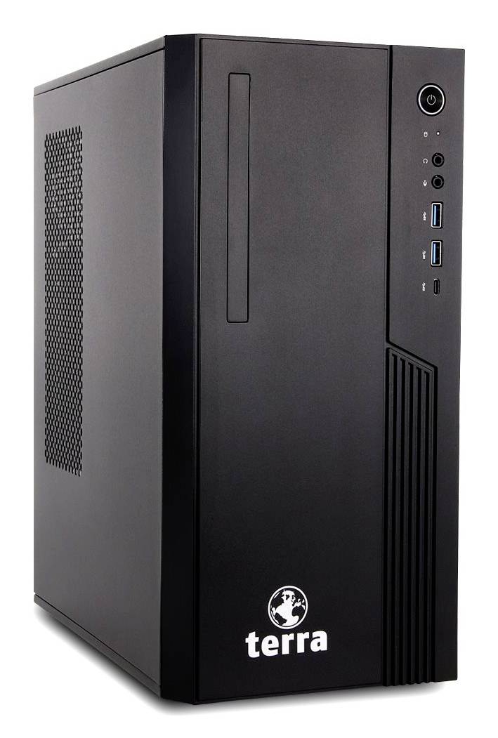 Skříň stolního počítače Black Terra s předním tlačítkem napájení, porty USB, audio jacky a logem.
