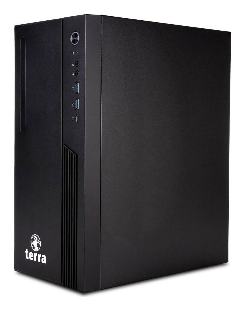 Černá skříň stolního počítače s předním tlačítkem zapnutí, zvukovými a USB porty a logem "terra" na spodní části přední strany.