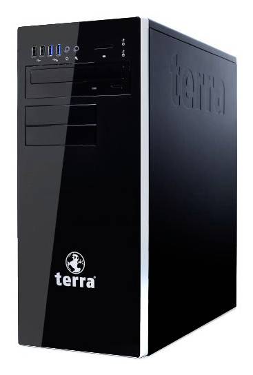 Černá desktopová PC skříň Black Terra s předními porty USB a pozicemi pro jednotky, zobrazená z úhlu na bílém pozadí.