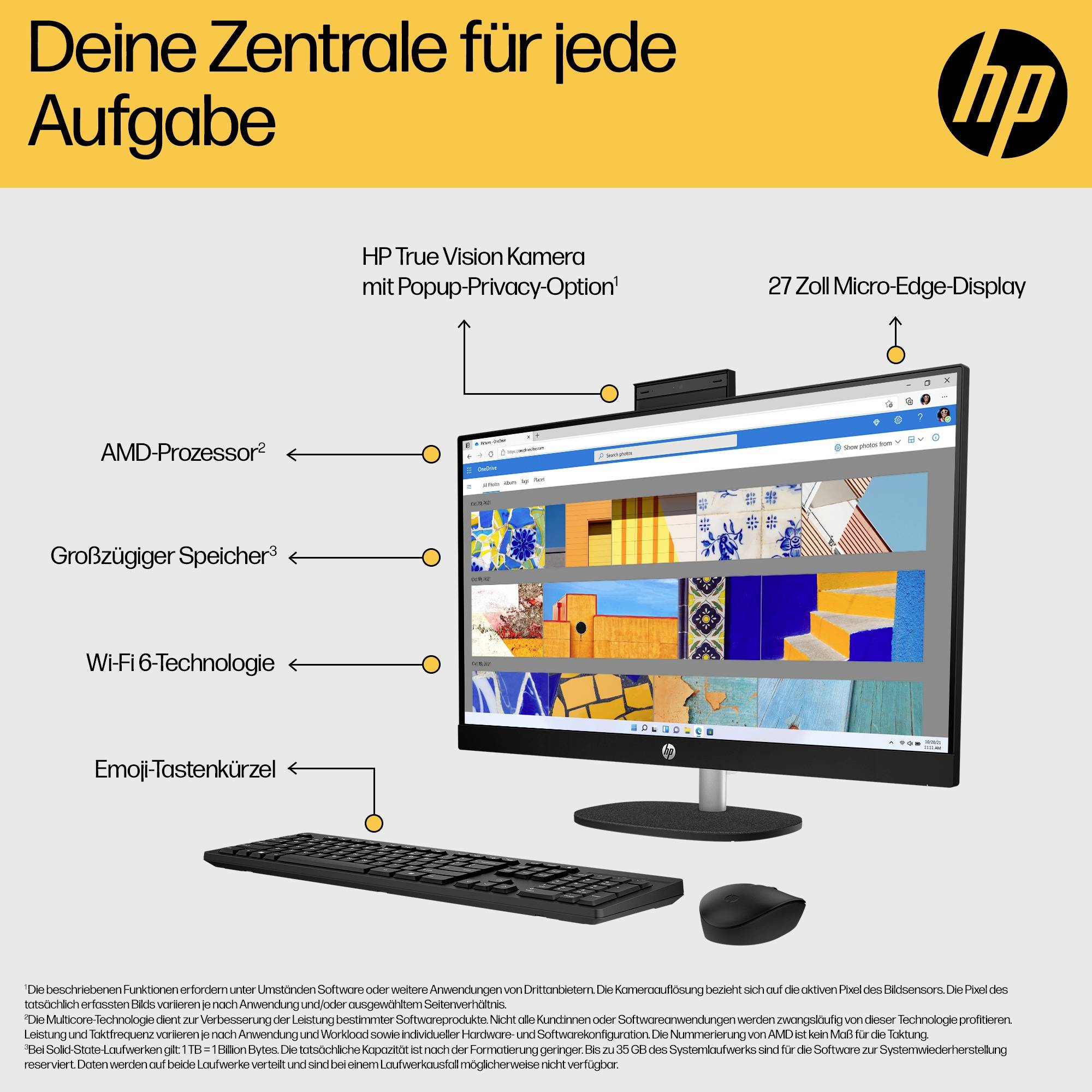 HP all-in-one desktop s akcií s 27palcovým displejem micro-edge, vyskakovací kamerou pro soukromí, procesorem AMD, velkým úložištěm, Wi‑Fi 6 a klávesnicí se zkratkami emoji.