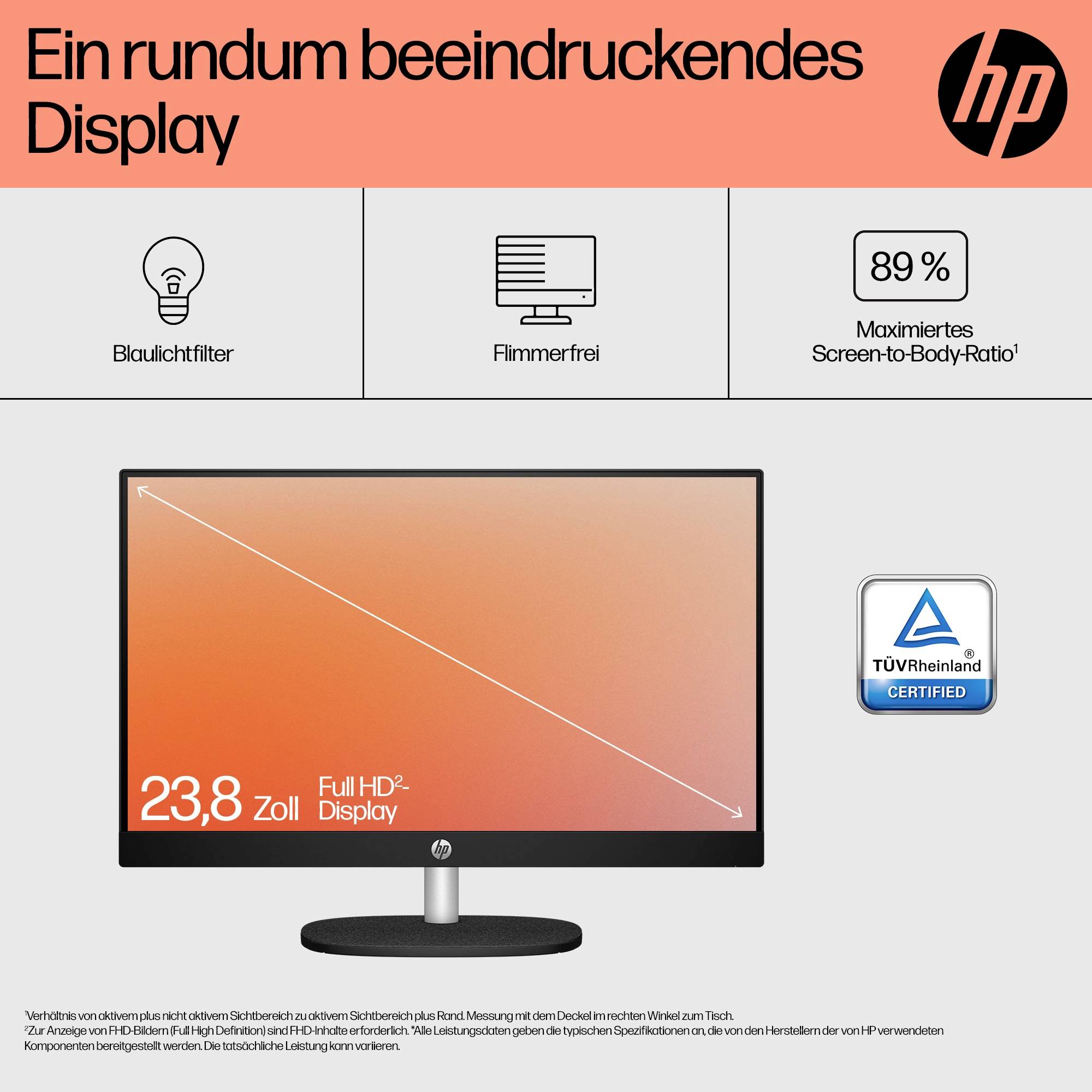 HP monitor reklama v češtině zobrazující 23,8palcový Full HD displej s filtrem modrého světla, bezkmitavý design, poměr obrazovky k tělu 89% a certifikaci TÜV Rheinland.